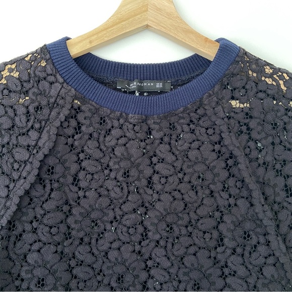 ZARA NAVY BLUE LACE LONG RAGLAN SLEEVED TOP WITH RIBBED NECKLINE AND CUFFS, XS - Picture 3 of 10